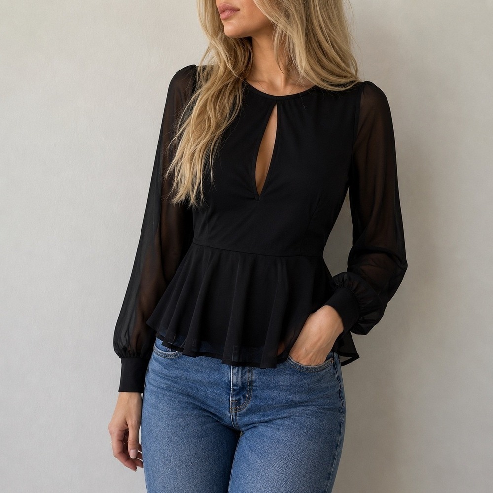 C/MEO Collective Black Sheer Peplum Keyhole Blouse Top L Going Out Chic Minimal